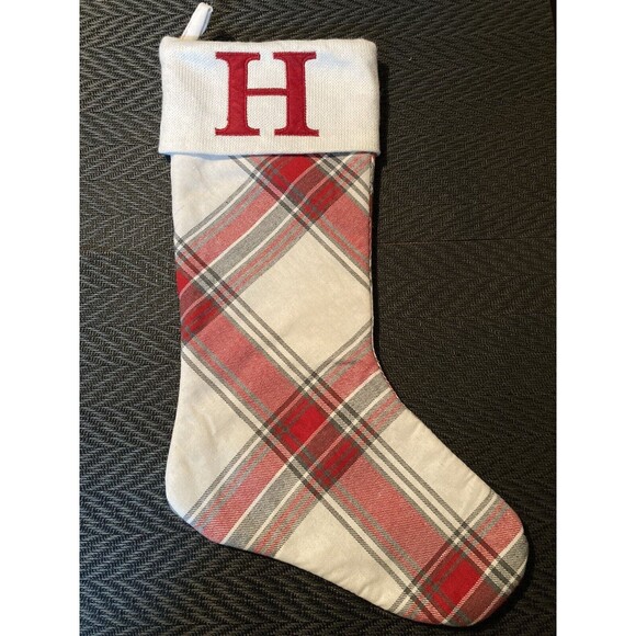 Red White Cuff Plaid Christmas Stocking Monogram "H" - Picture 7 of 7